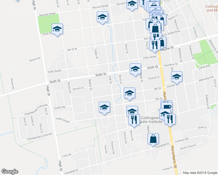 map of restaurants, bars, coffee shops, grocery stores, and more near 464 Oak Street in Collingwood