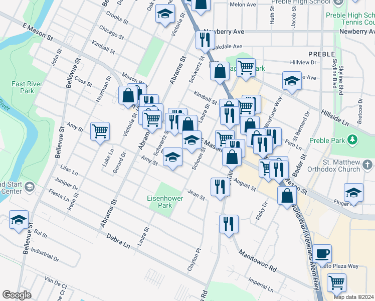 map of restaurants, bars, coffee shops, grocery stores, and more near 726 Schoen Street in Green Bay