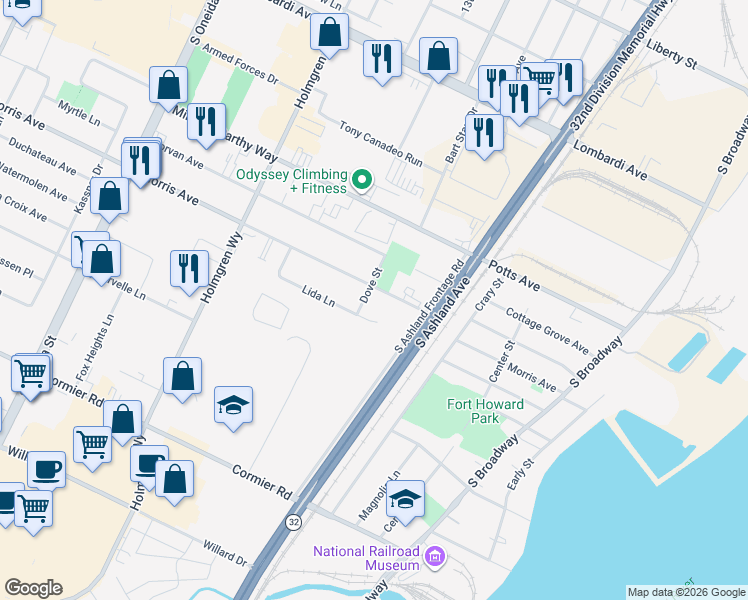 map of restaurants, bars, coffee shops, grocery stores, and more near 617 Morris Avenue in Green Bay