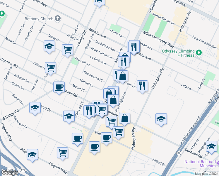 map of restaurants, bars, coffee shops, grocery stores, and more near 2215 South Oneida Street in Green Bay