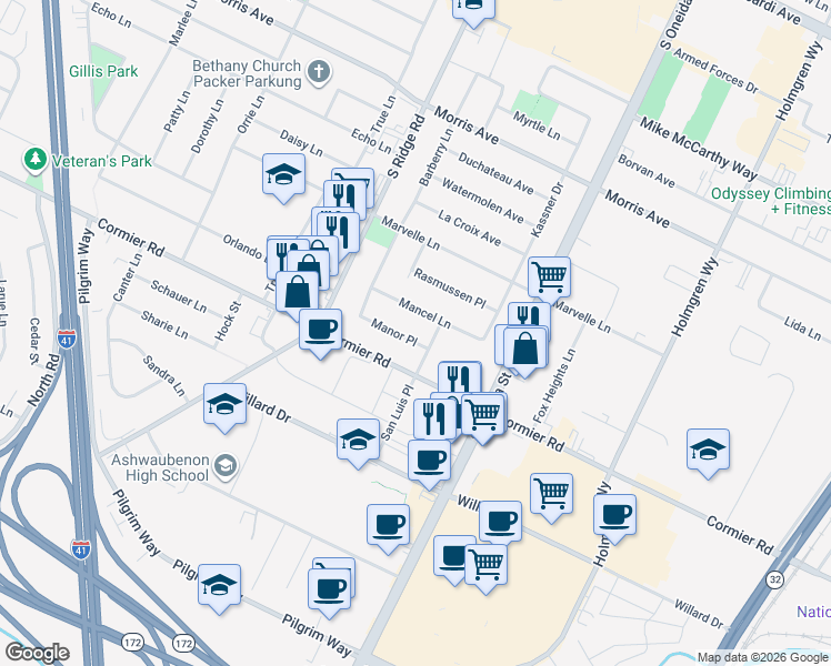 map of restaurants, bars, coffee shops, grocery stores, and more near 950 Manor Place in Green Bay