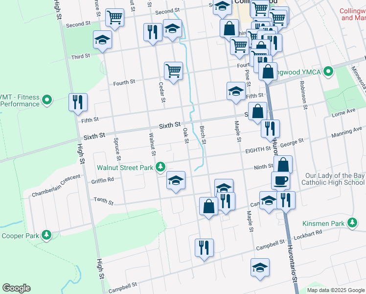 map of restaurants, bars, coffee shops, grocery stores, and more near 464 Oak Street in Collingwood