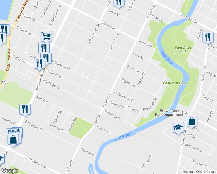map of restaurants, bars, coffee shops, grocery stores, and more near 1343 McCormick Street in Green Bay