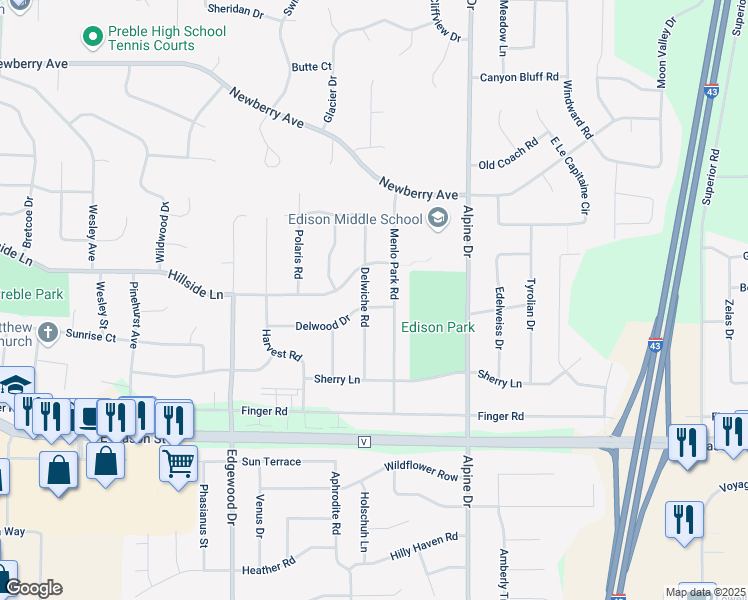 map of restaurants, bars, coffee shops, grocery stores, and more near 2607 Delwood Drive in Green Bay