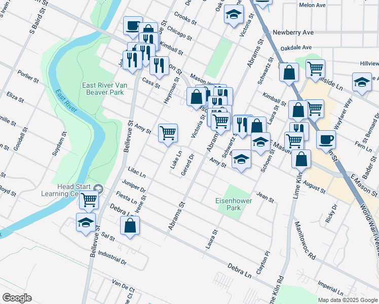 map of restaurants, bars, coffee shops, grocery stores, and more near 1684 Amy Street in Green Bay