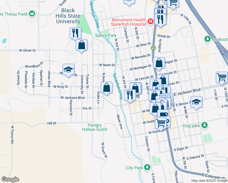 map of restaurants, bars, coffee shops, grocery stores, and more near 518 West Jackson Boulevard in Spearfish
