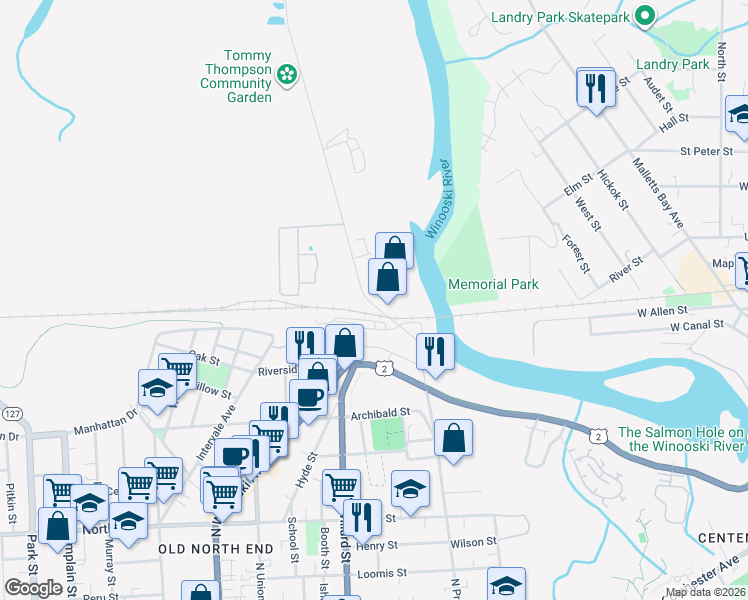 map of restaurants, bars, coffee shops, grocery stores, and more near 110 Intervale Road in Burlington
