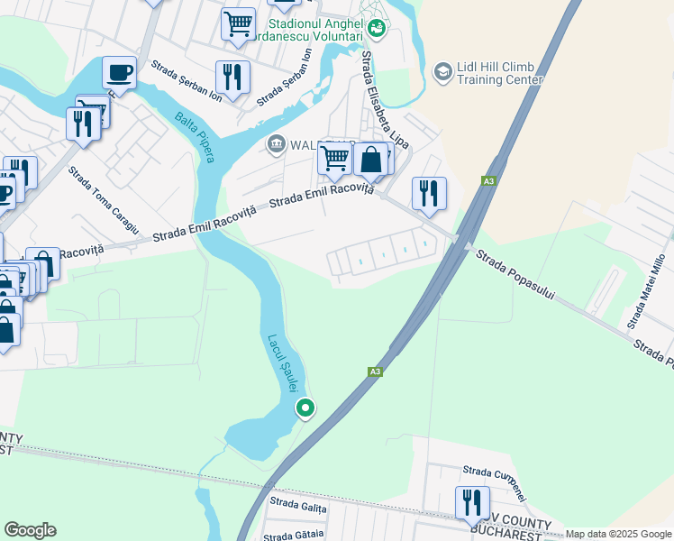 map of restaurants, bars, coffee shops, grocery stores, and more near 70 Strada Emil Racoviță in Voluntari