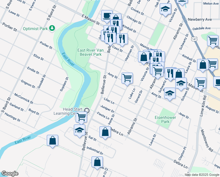 map of restaurants, bars, coffee shops, grocery stores, and more near 926 Heyrman Street in Green Bay