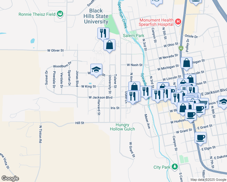 map of restaurants, bars, coffee shops, grocery stores, and more near 811 University Street in Spearfish