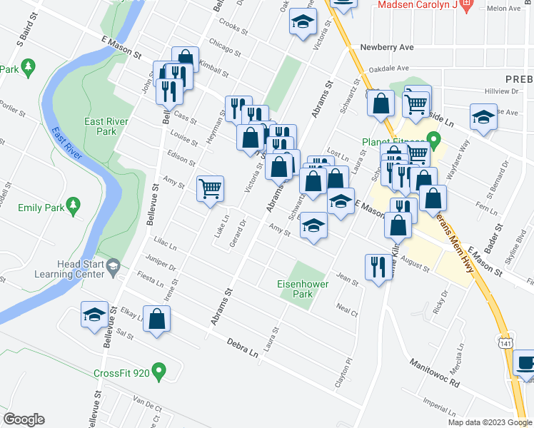 map of restaurants, bars, coffee shops, grocery stores, and more near 1711 Amy Street in Green Bay