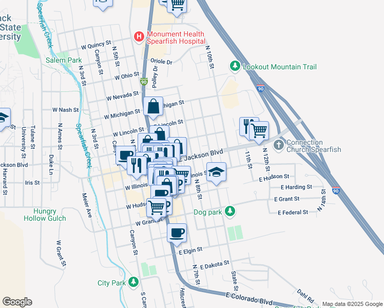 map of restaurants, bars, coffee shops, grocery stores, and more near 814 North 8th Street in Spearfish