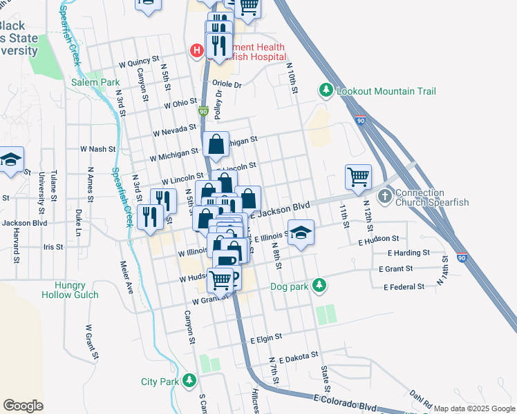 map of restaurants, bars, coffee shops, grocery stores, and more near 230 East Jackson Boulevard in Spearfish