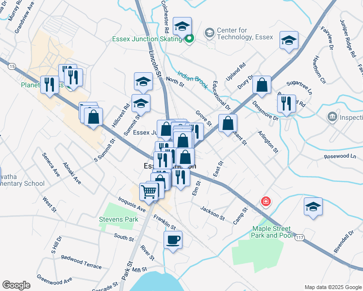 map of restaurants, bars, coffee shops, grocery stores, and more near 14 Railroad Avenue in Essex