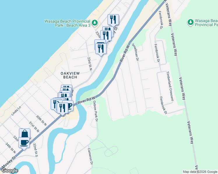 map of restaurants, bars, coffee shops, grocery stores, and more near 12 Innisbrook Drive in Wasaga Beach