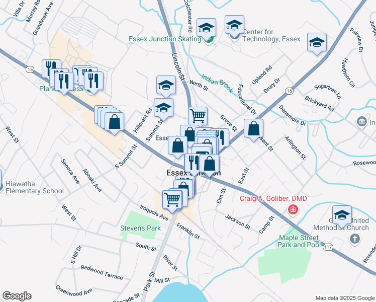 map of restaurants, bars, coffee shops, grocery stores, and more near 6 Lincoln Street in Essex