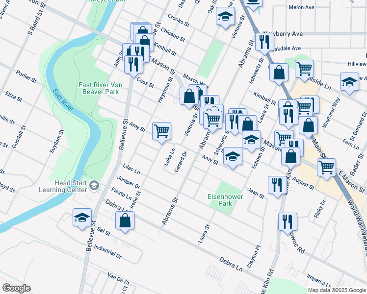 map of restaurants, bars, coffee shops, grocery stores, and more near 1684 Amy Street in Green Bay