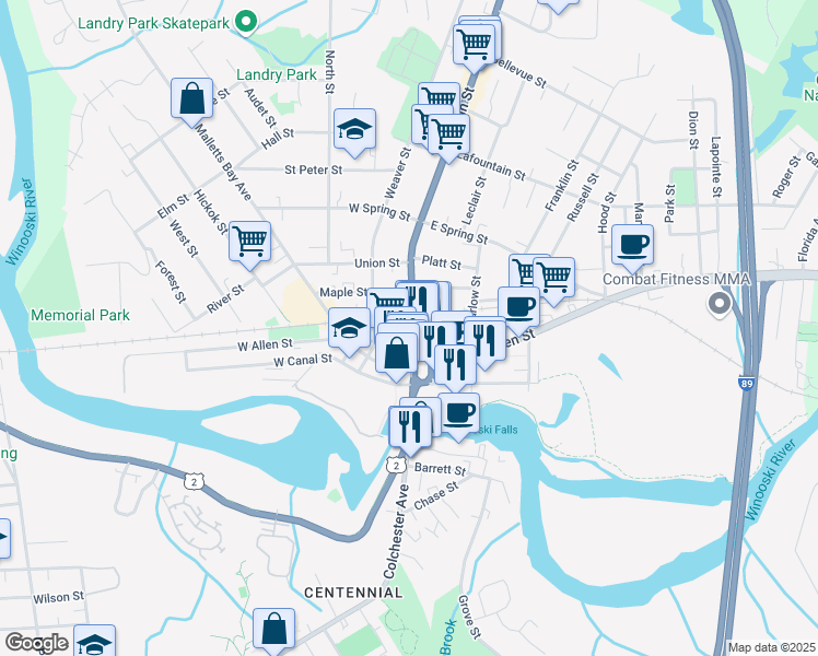 map of restaurants, bars, coffee shops, grocery stores, and more near 70 Main Street in Winooski