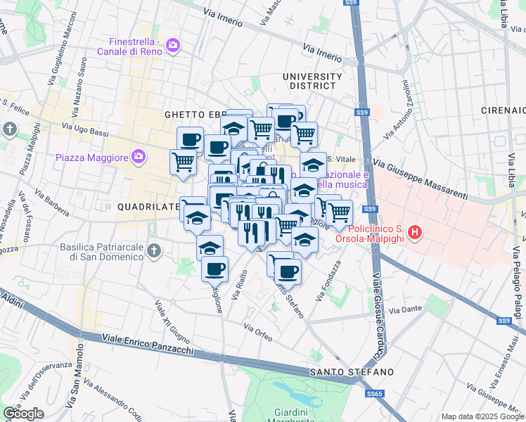 map of restaurants, bars, coffee shops, grocery stores, and more near 8 Via Borgonuovo in Bologna