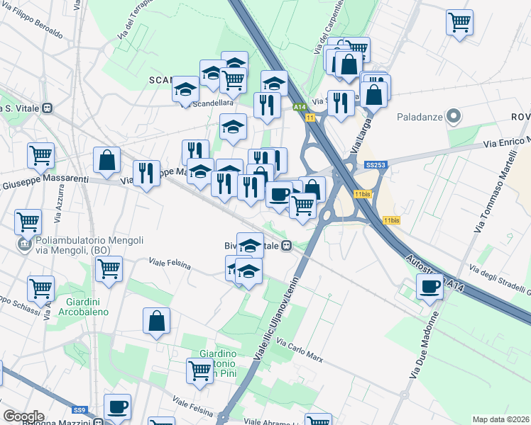 map of restaurants, bars, coffee shops, grocery stores, and more near 1-9 Via Guelfa in Bologna