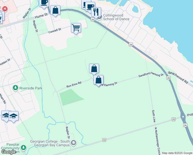 map of restaurants, bars, coffee shops, grocery stores, and more near 135 Sandford Fleming Drive in Collingwood