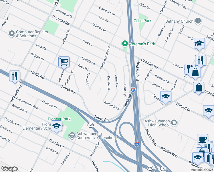 map of restaurants, bars, coffee shops, grocery stores, and more near 2411 Kubale Lane in Green Bay