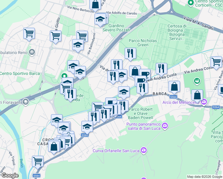 map of restaurants, bars, coffee shops, grocery stores, and more near 17 Via Giovanni Crocioni in Bologna
