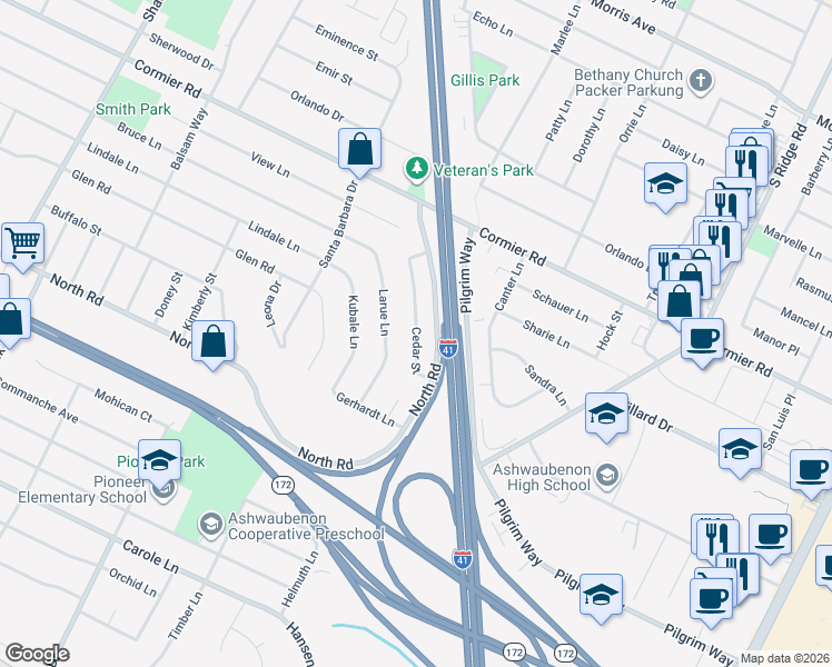 map of restaurants, bars, coffee shops, grocery stores, and more near 2398 Cedar Ridge in Green Bay