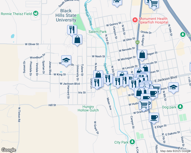 map of restaurants, bars, coffee shops, grocery stores, and more near 820 North Ames Street in Spearfish