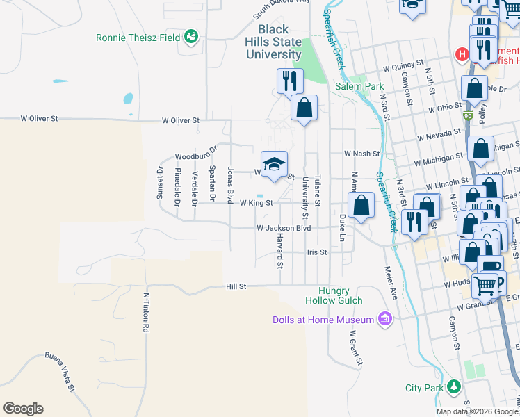 map of restaurants, bars, coffee shops, grocery stores, and more near 821 North Yale Street in Spearfish