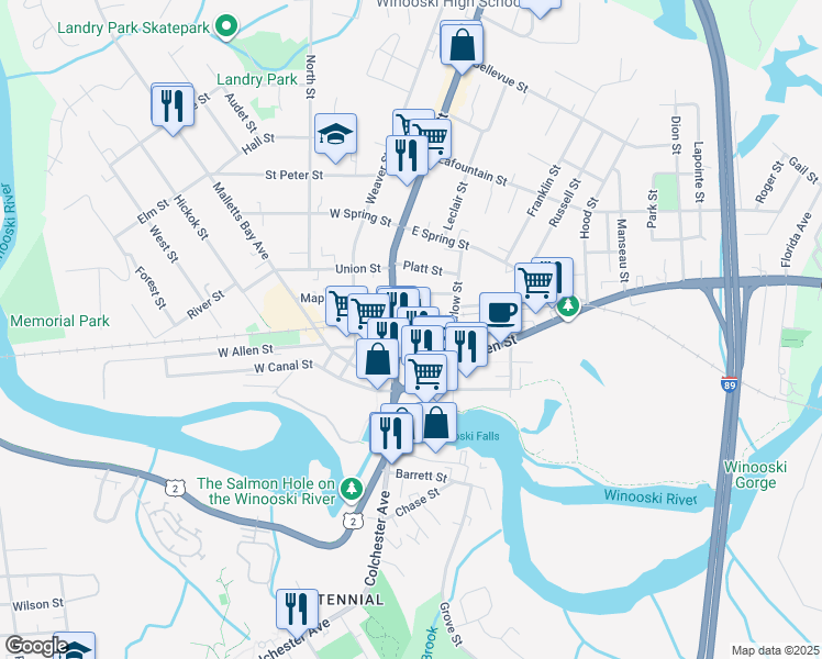 map of restaurants, bars, coffee shops, grocery stores, and more near 9 East Allen Street in Winooski