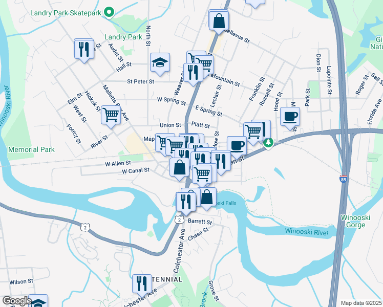 map of restaurants, bars, coffee shops, grocery stores, and more near 9 East Allen Street in Winooski