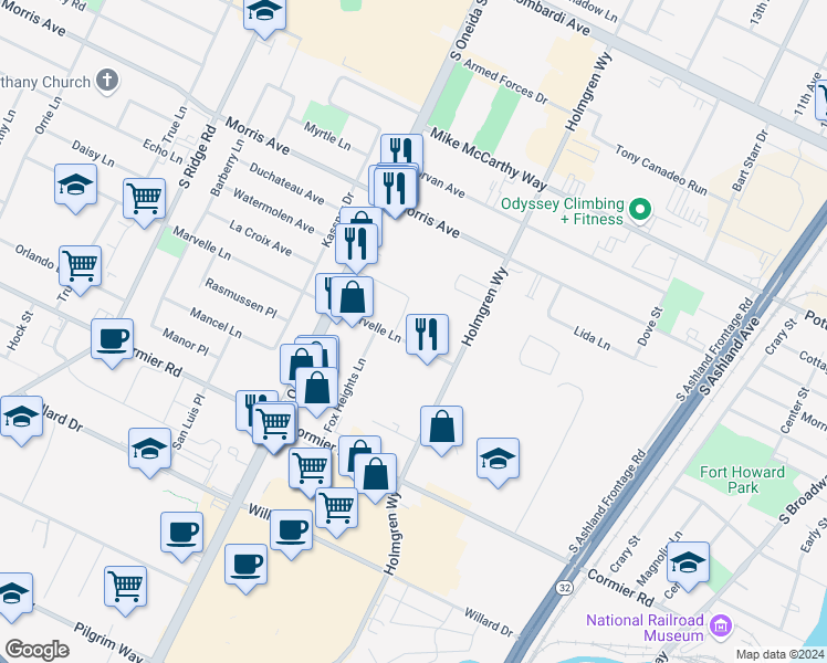 map of restaurants, bars, coffee shops, grocery stores, and more near 2191 Fox Heights Lane in Ashwaubenon