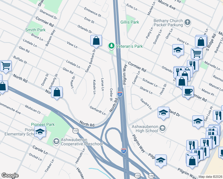 map of restaurants, bars, coffee shops, grocery stores, and more near 2398 Cedar Ridge in Green Bay