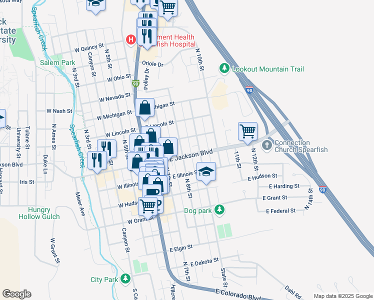 map of restaurants, bars, coffee shops, grocery stores, and more near 814 North 8th Street in Spearfish