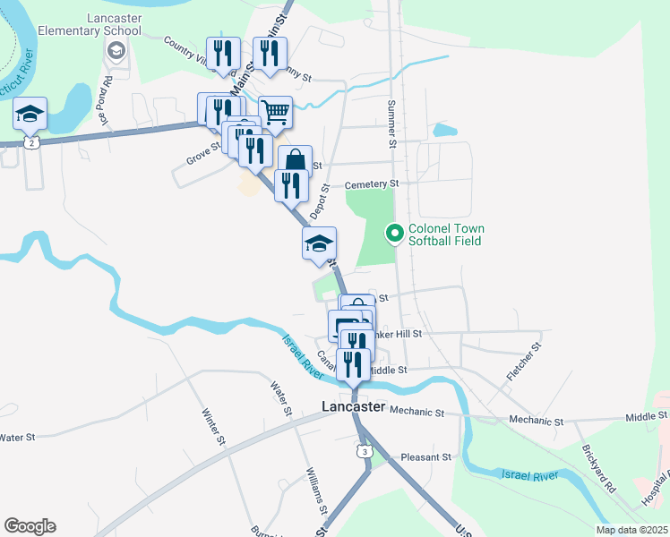 map of restaurants, bars, coffee shops, grocery stores, and more near 128 Main Street in Lancaster