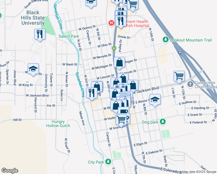 map of restaurants, bars, coffee shops, grocery stores, and more near 899 North 5th Street in Spearfish