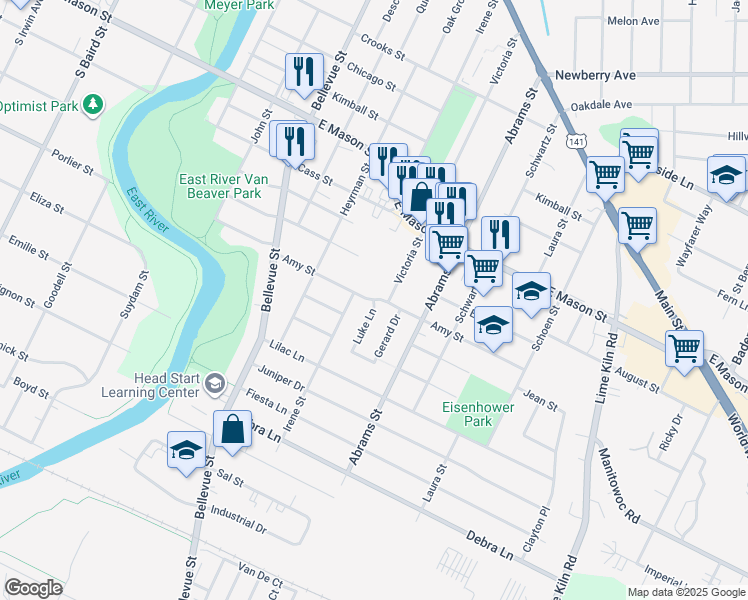 map of restaurants, bars, coffee shops, grocery stores, and more near 854 Luke Lane in Green Bay