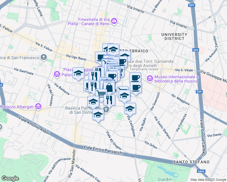map of restaurants, bars, coffee shops, grocery stores, and more near 3A Piazza Minghetti in Bologna