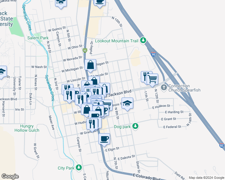 map of restaurants, bars, coffee shops, grocery stores, and more near 840 North 8th Street in Spearfish