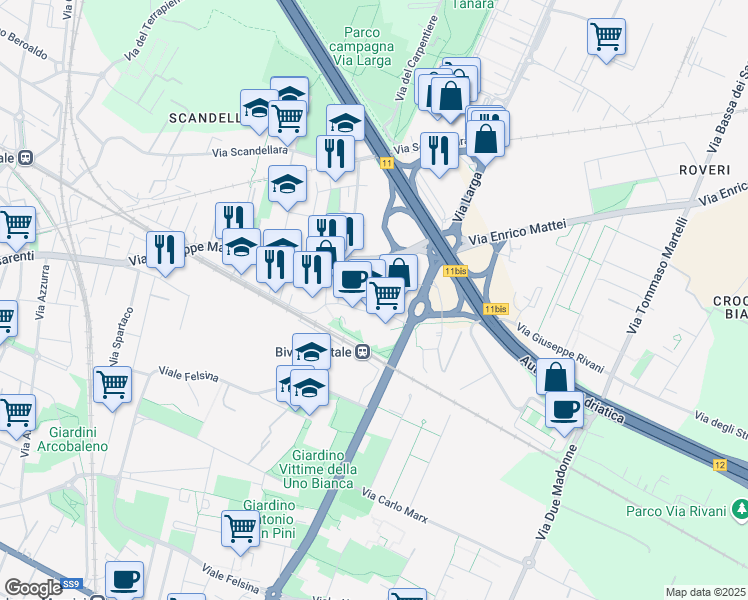 map of restaurants, bars, coffee shops, grocery stores, and more near 9 Via Guelfa in Bologna