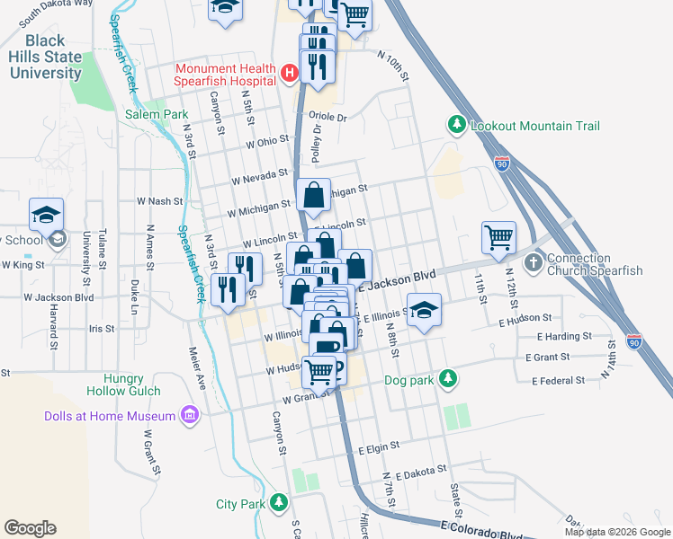 map of restaurants, bars, coffee shops, grocery stores, and more near 120 East Jackson Boulevard in Spearfish