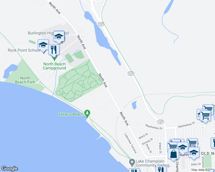 map of restaurants, bars, coffee shops, grocery stores, and more near 375 North Avenue in Burlington