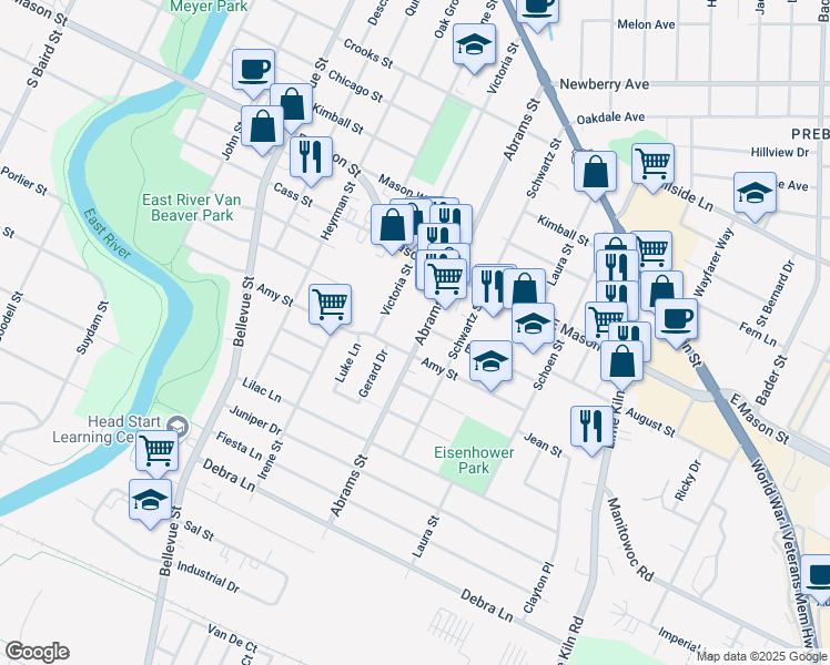 map of restaurants, bars, coffee shops, grocery stores, and more near 1711 Amy Street in Green Bay