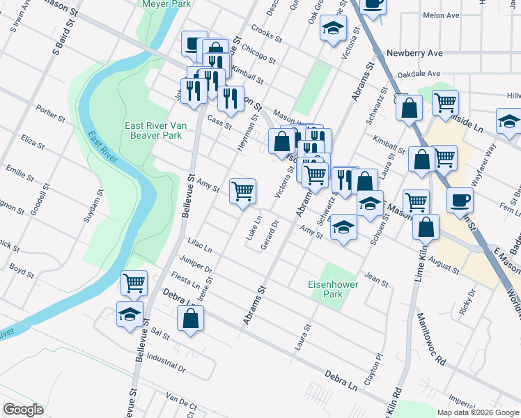 map of restaurants, bars, coffee shops, grocery stores, and more near 854 Luke Lane in Green Bay