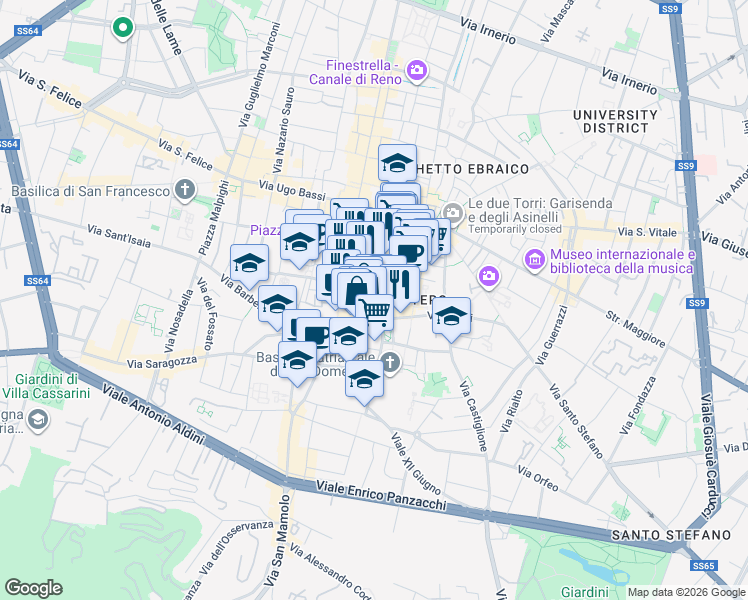 map of restaurants, bars, coffee shops, grocery stores, and more near 2 Via dell'Archiginnasio in Bologna