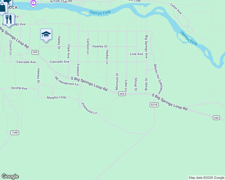 map of restaurants, bars, coffee shops, grocery stores, and more near 4175 South Big Springs Loop Road in Island Park
