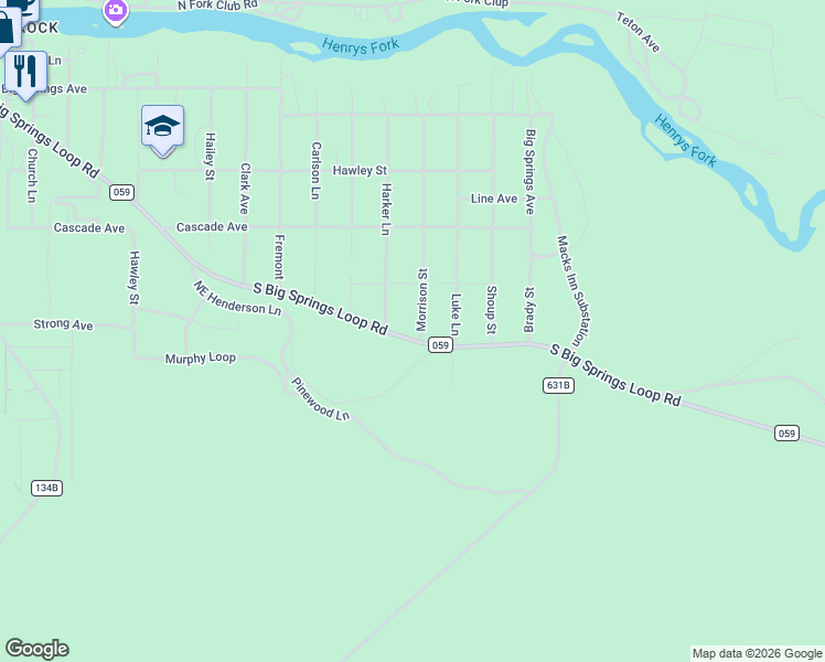 map of restaurants, bars, coffee shops, grocery stores, and more near 4175 South Big Springs Loop Road in Island Park