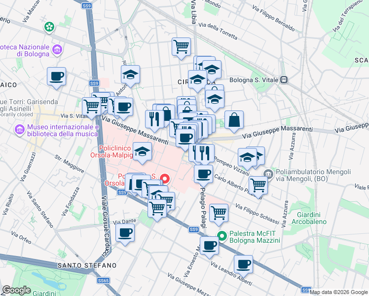 map of restaurants, bars, coffee shops, grocery stores, and more near 8 Via Carlo Alberto Pizzardi in Bologna