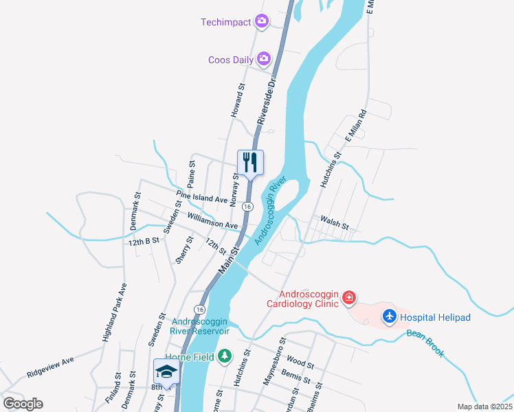 map of restaurants, bars, coffee shops, grocery stores, and more near 1774 Riverside Drive in Berlin